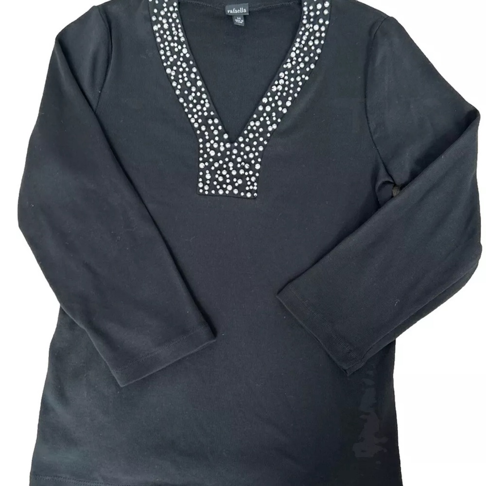 Black V-Neck Top with Pearl accents Size Medium